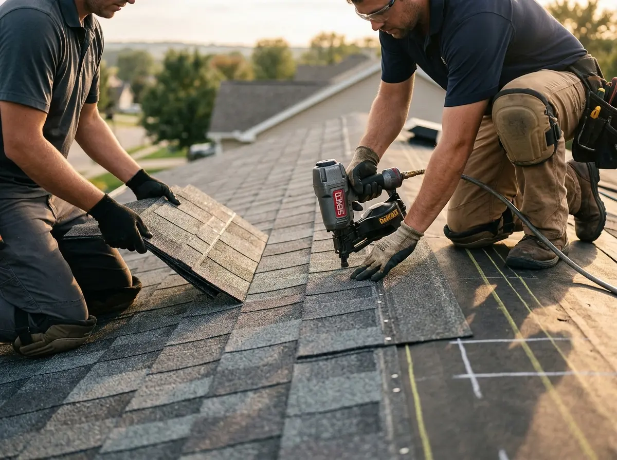 Professional roofer working on a residential roof in Graham